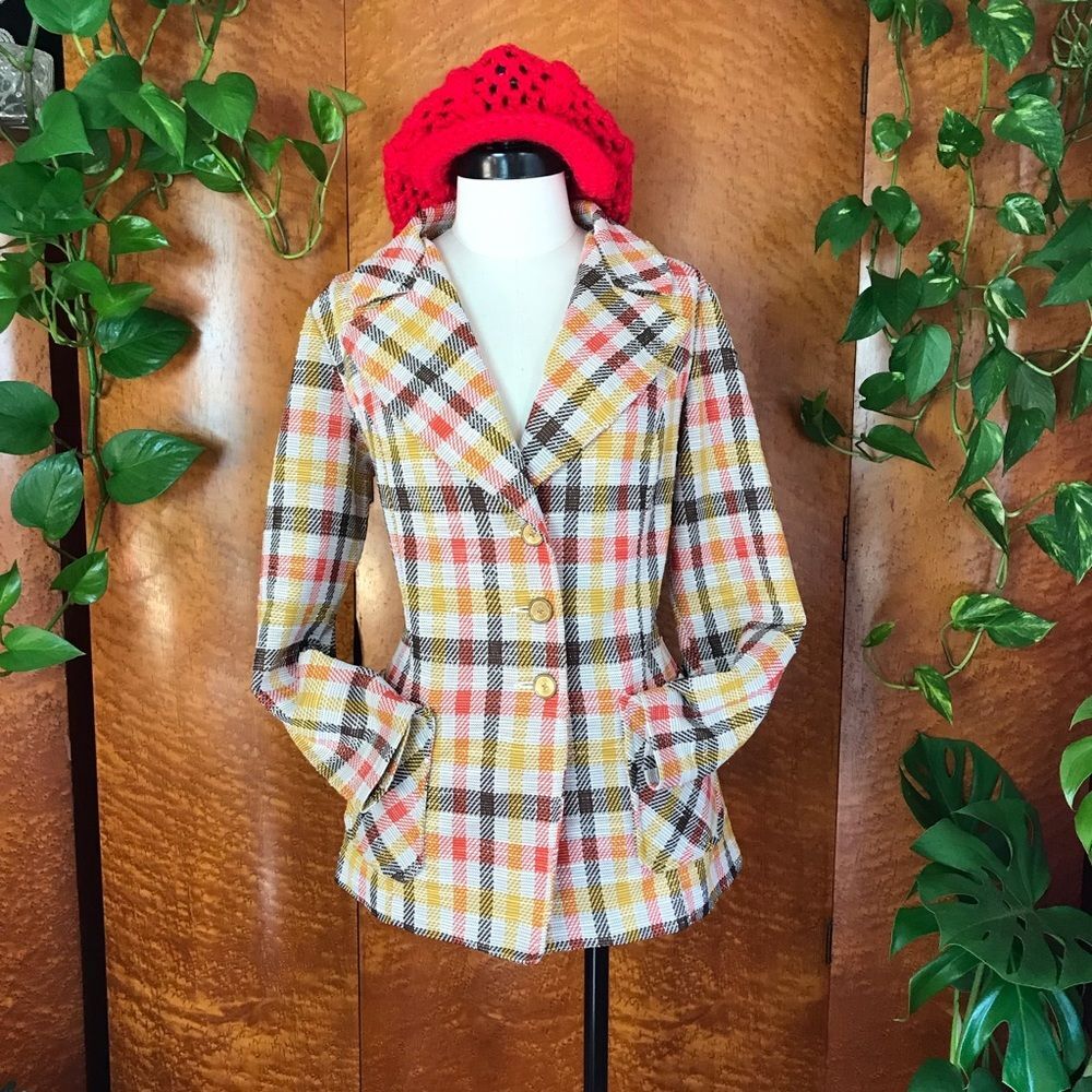 1970’s 70s Boho Plaid Vintage Lightweight Polyester Blazer Jacket M L 38 40